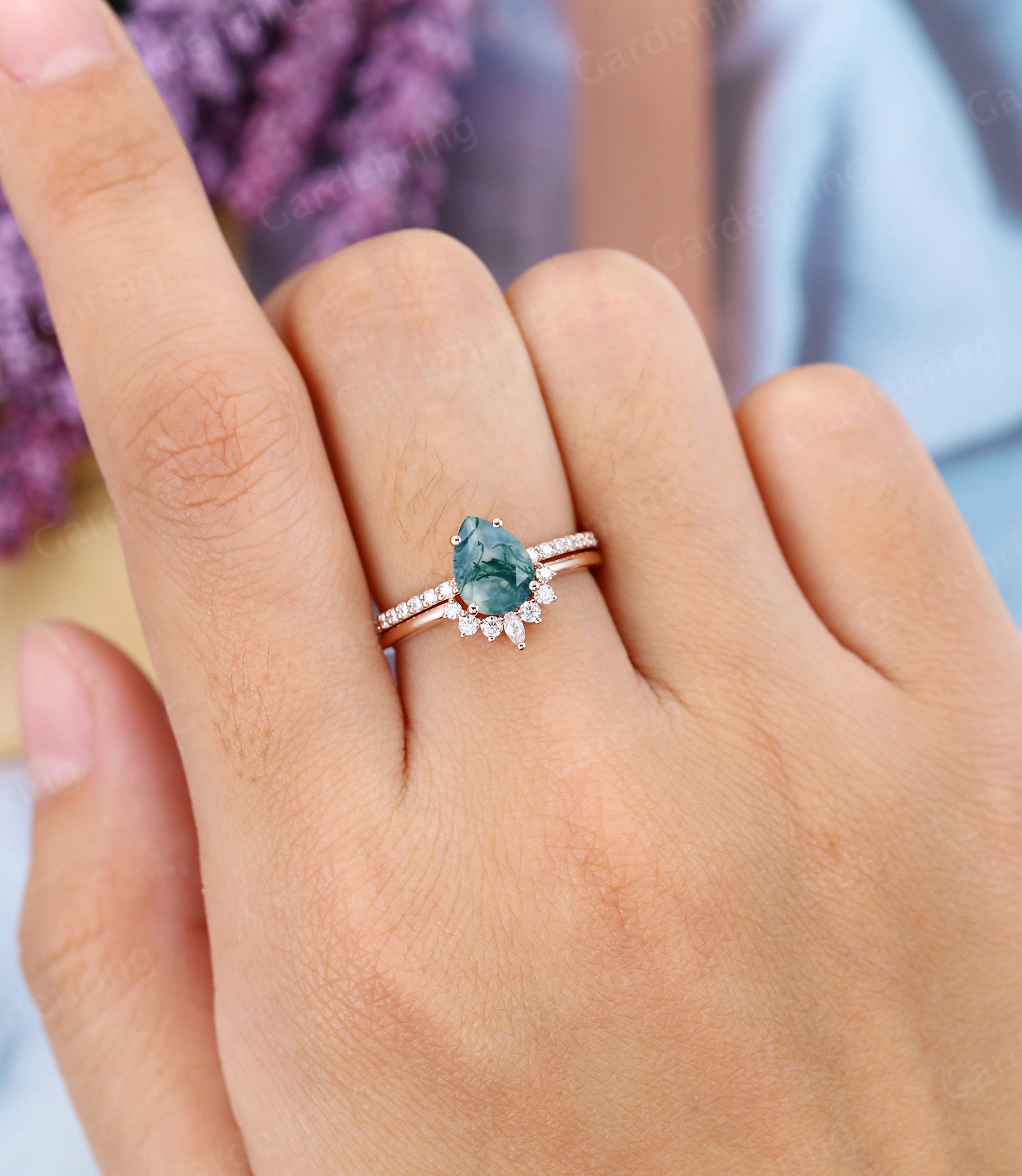 Moss Agate engagement ring set vintage engagement ring Rose | Etsy