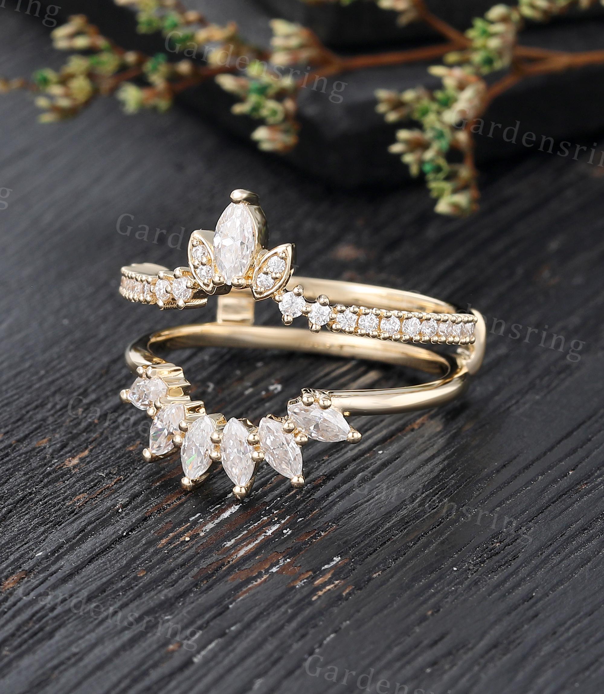 Marquise Cut Moissanite Wedding Band Vintage 14k Gold Enhancer Ring ...