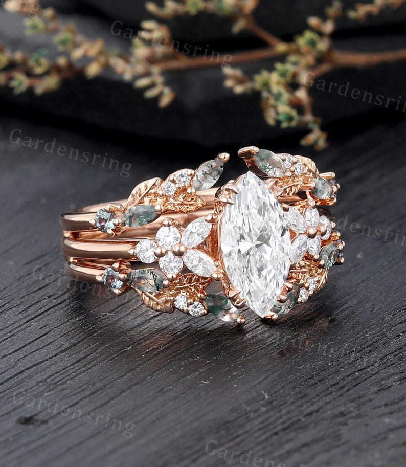 Marquise Cut Lab Diamond Engagement Ring Set Vintage 14k Rose Gold ...