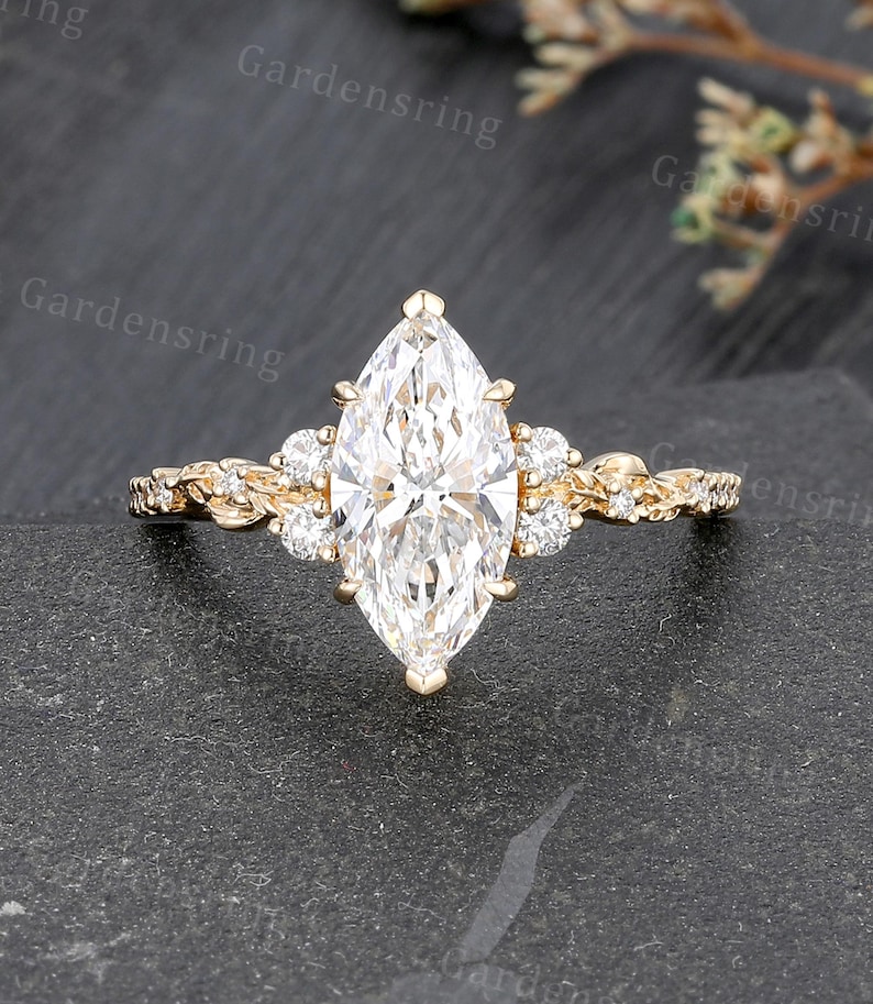Marquise Cut Lab Grown Diamond Engagement Ring Vintage Yellow Gold ...