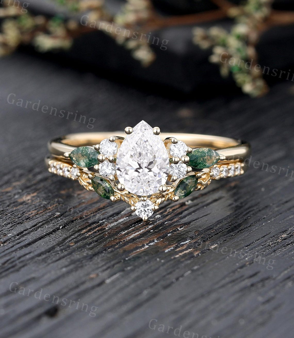 Pear Shaped Lab Grown Diamond Engagement Ring Set Vintage 14k Gold ...