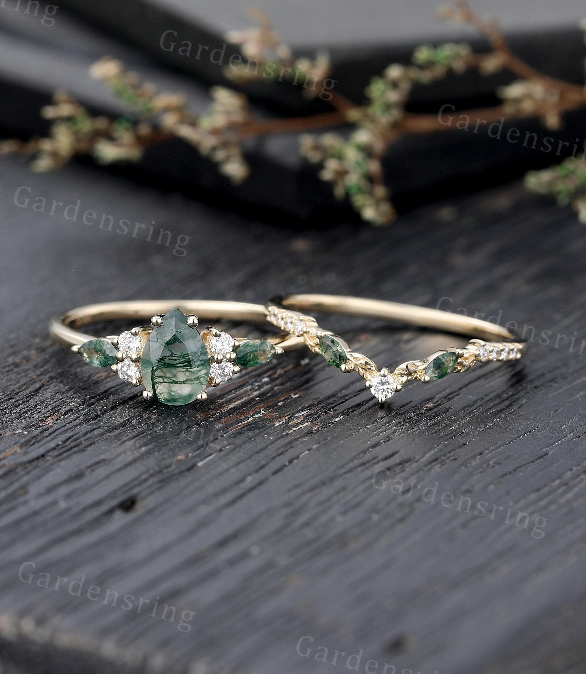 Anillo de compromiso de ágata musgosa en forma de pera, anillo de hoja de corte marquesa de oro vintage de 14 k, anillo de boda de moissanita, anillo de regalo de aniversario de promesa nupcial