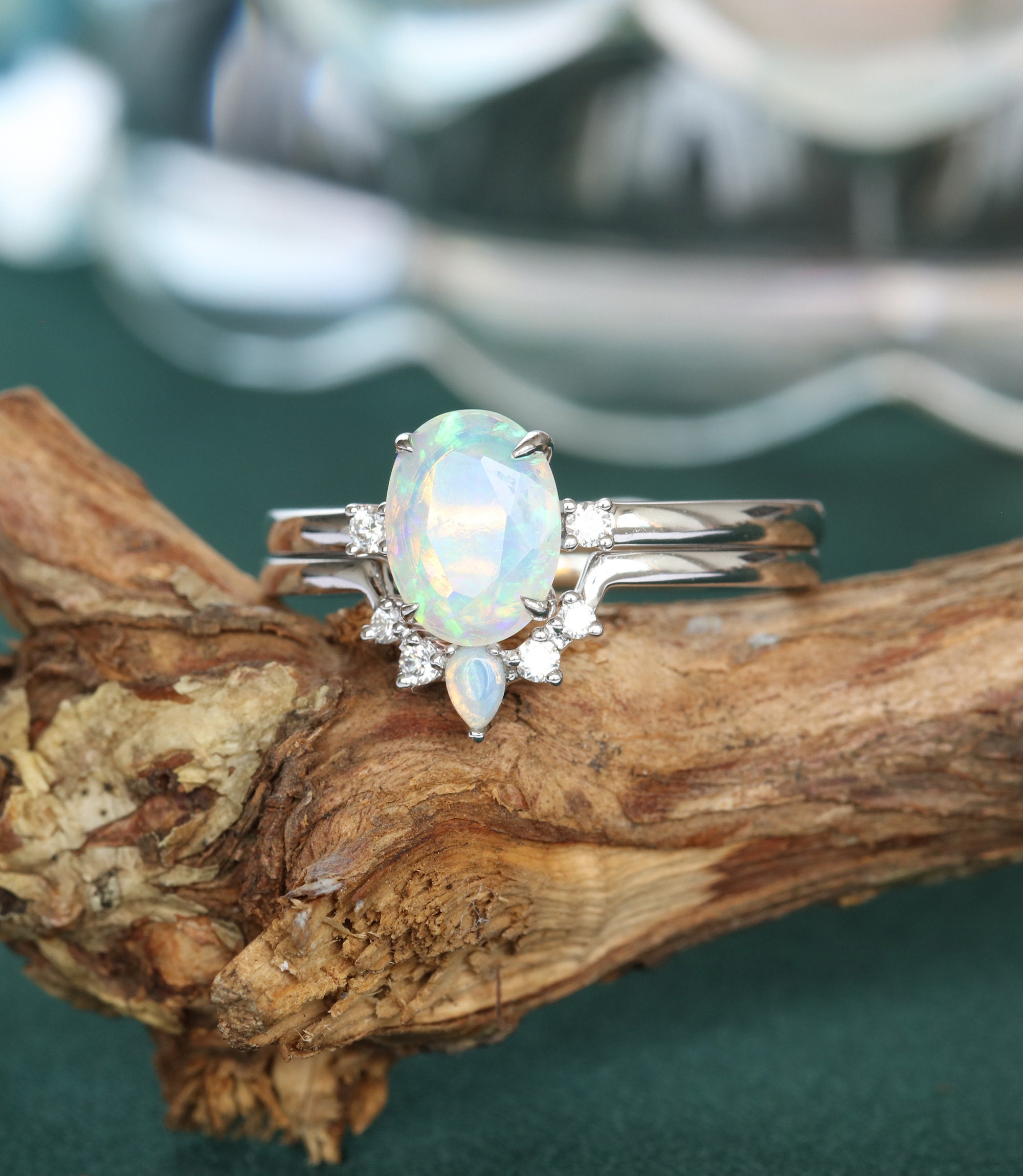 Opal engagement ring set white gold oval cut Unique engagement | Etsy