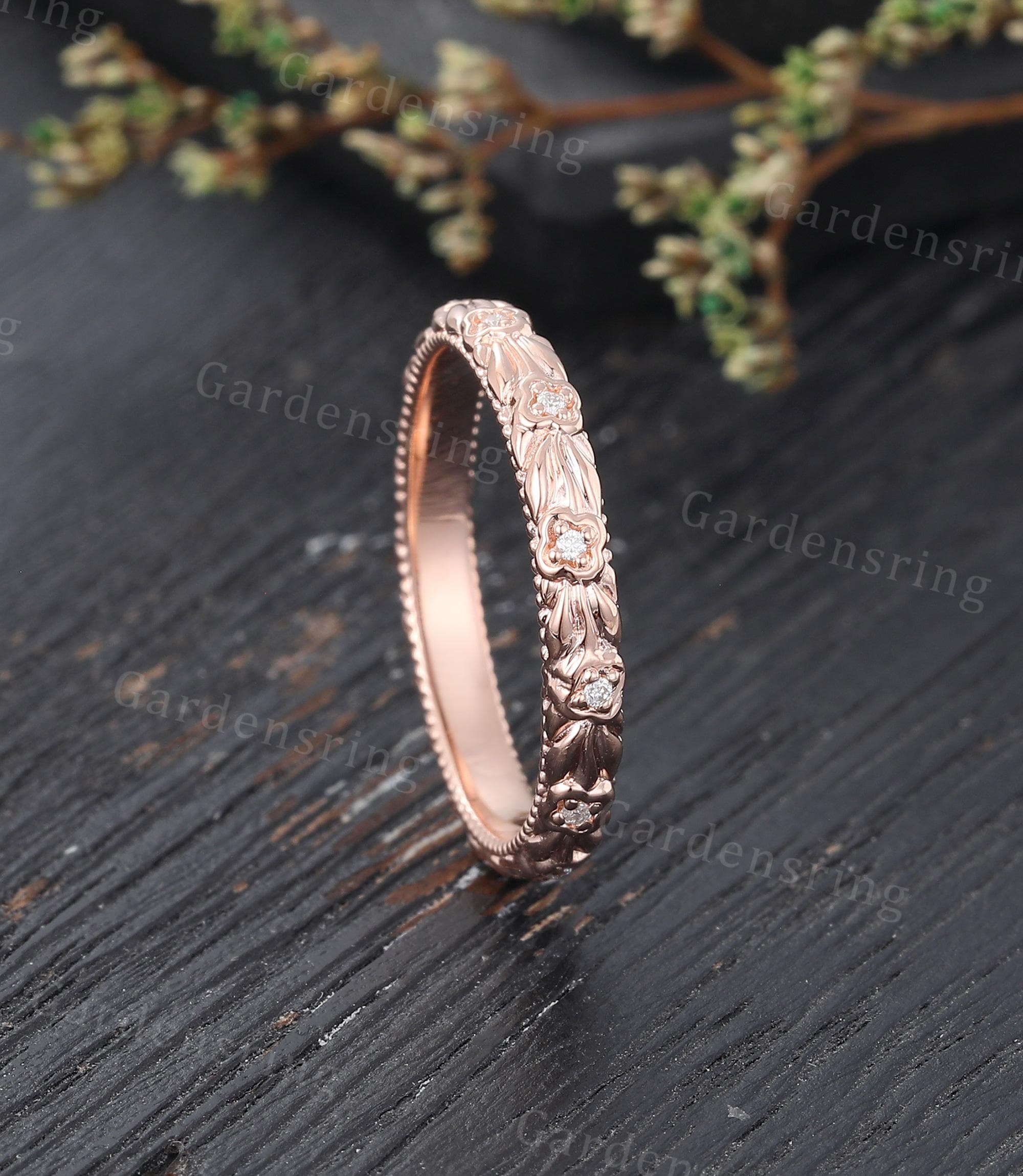Vintage Filigree 14k Rose Gold Floral Wedding Band Unique Diamond ...