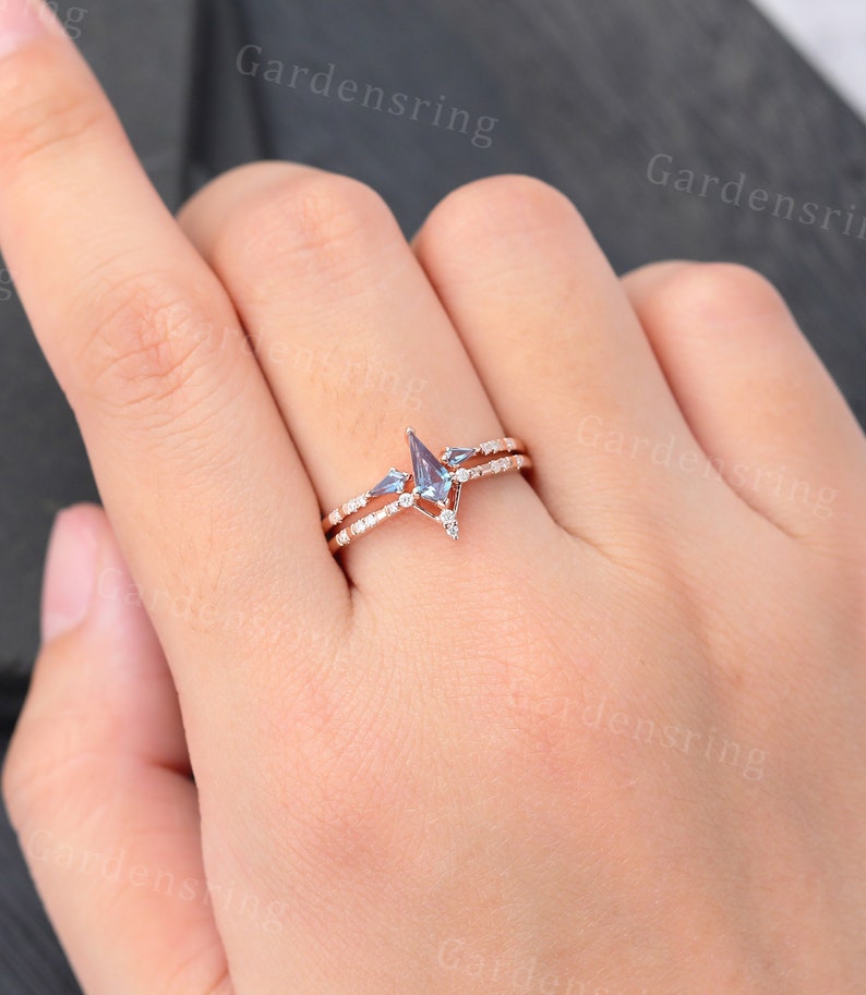 Kite cut Alexandrite engagement ring set Vintage Rose gold Micro pave set dainty Diamond Moissanite wedding ring Bridal Anniversary ring set image 3