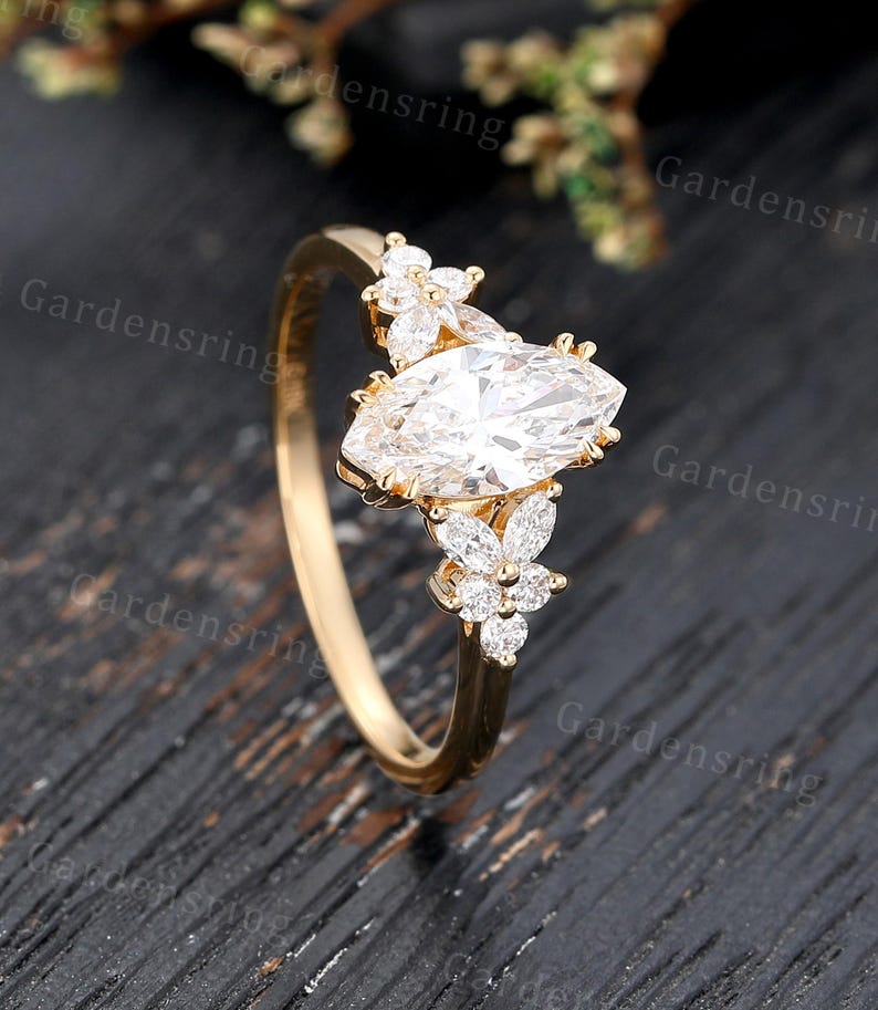 Marquise Cut Lab Grown Diamond Engagement Ring Vintage Solid Gold ...