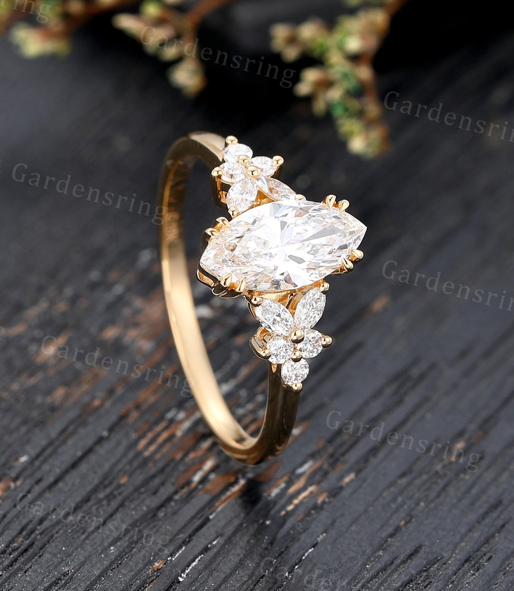 Marquise Cut Lab Grown Diamond Engagement Ring Vintage Solid Gold ...
