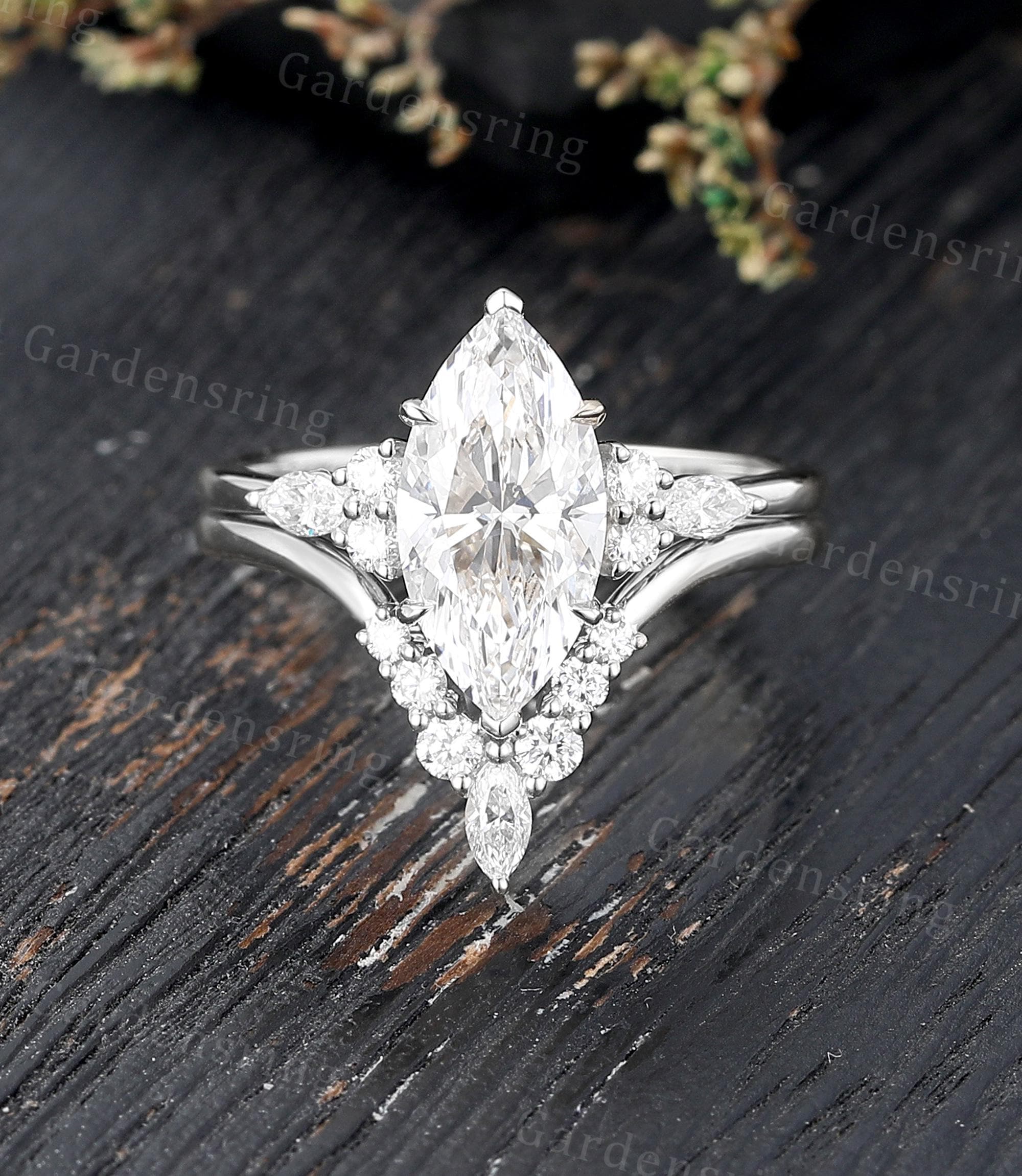 Marquise Cut Lab Grown Diamond Engagement Ring Set Vintage Solid Gold ...