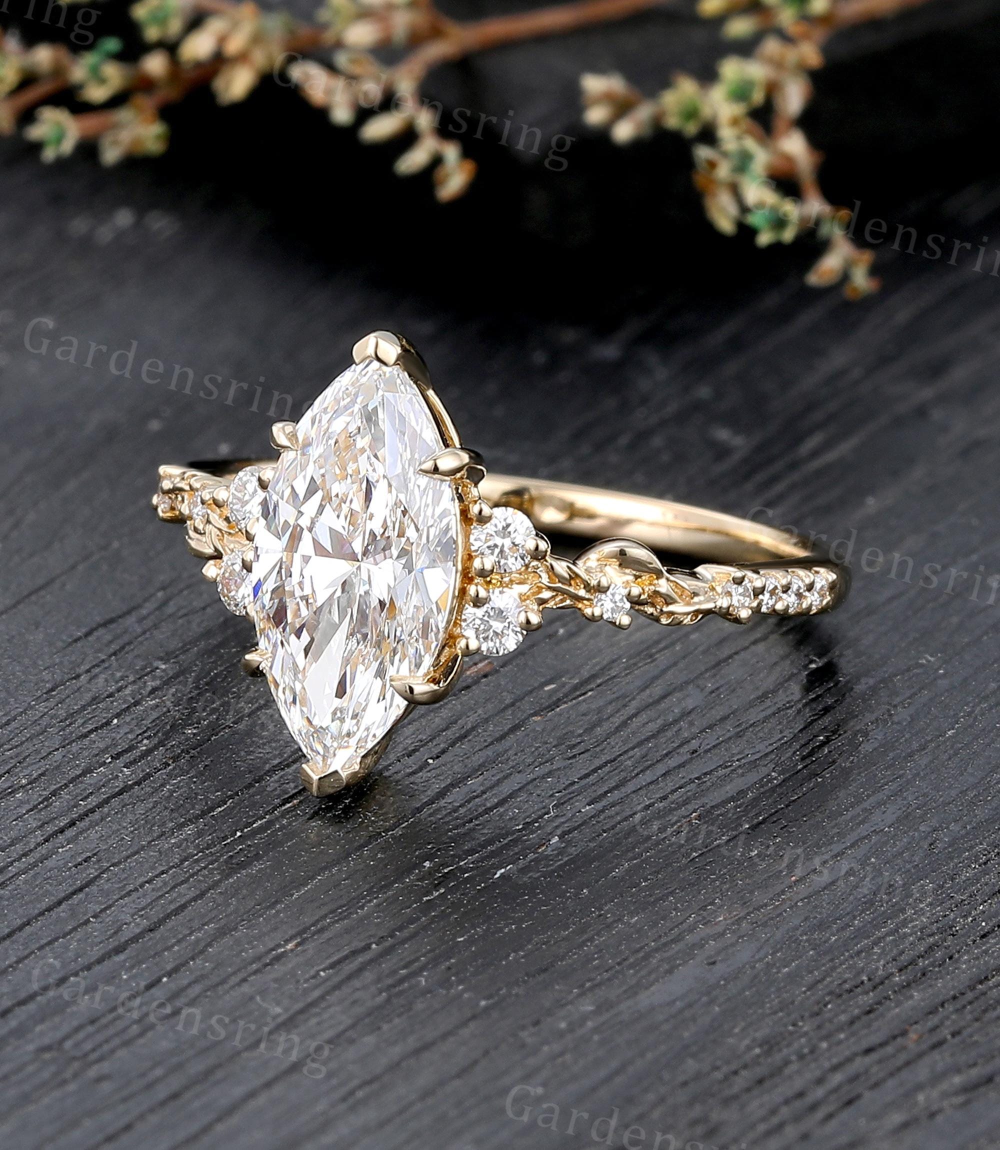 Marquise Cut Lab Grown Diamond Engagement Ring Vintage Yellow Gold ...