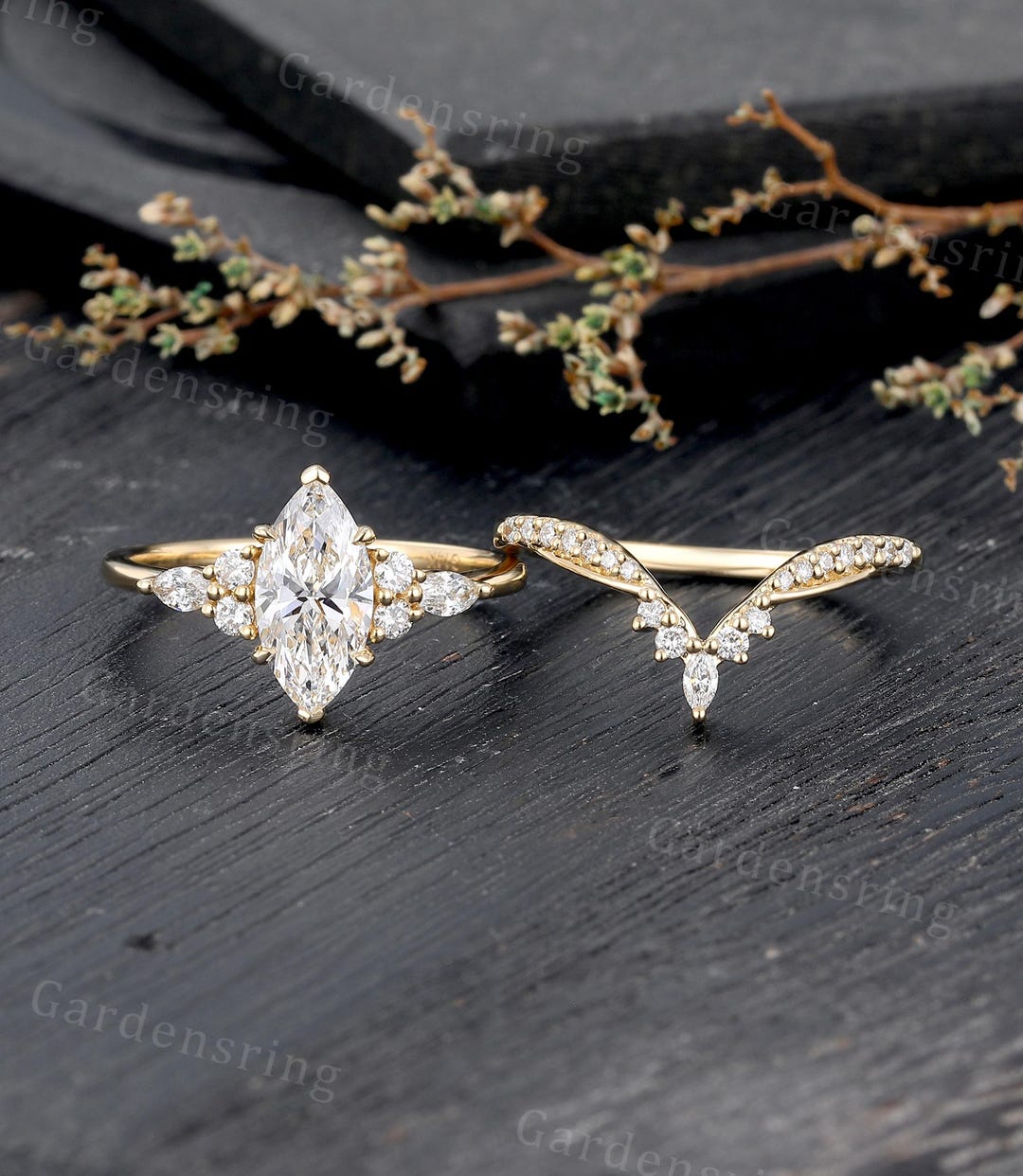 Marquise Cut Lab Grown Diamond Engagement Ring Set Vintage 14k Gold ...