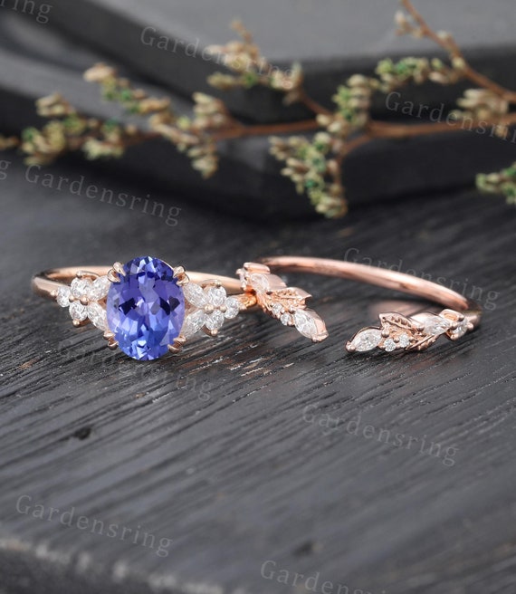 Oval Cut Tanzanite Engagement Ring Set Vintage Marquise Cut