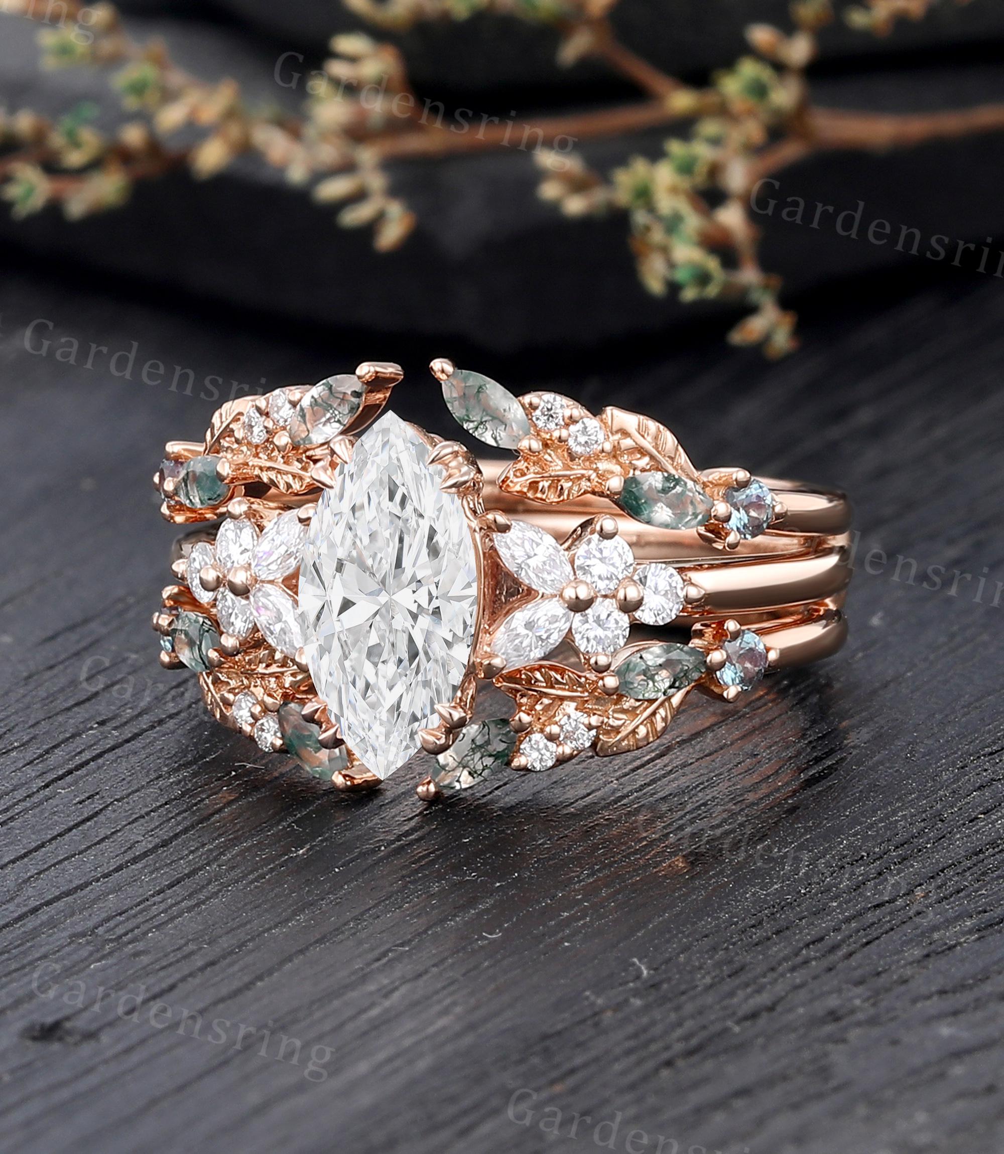 Marquise Cut Lab Diamond Engagement Ring Set Vintage 14k Rose Gold ...