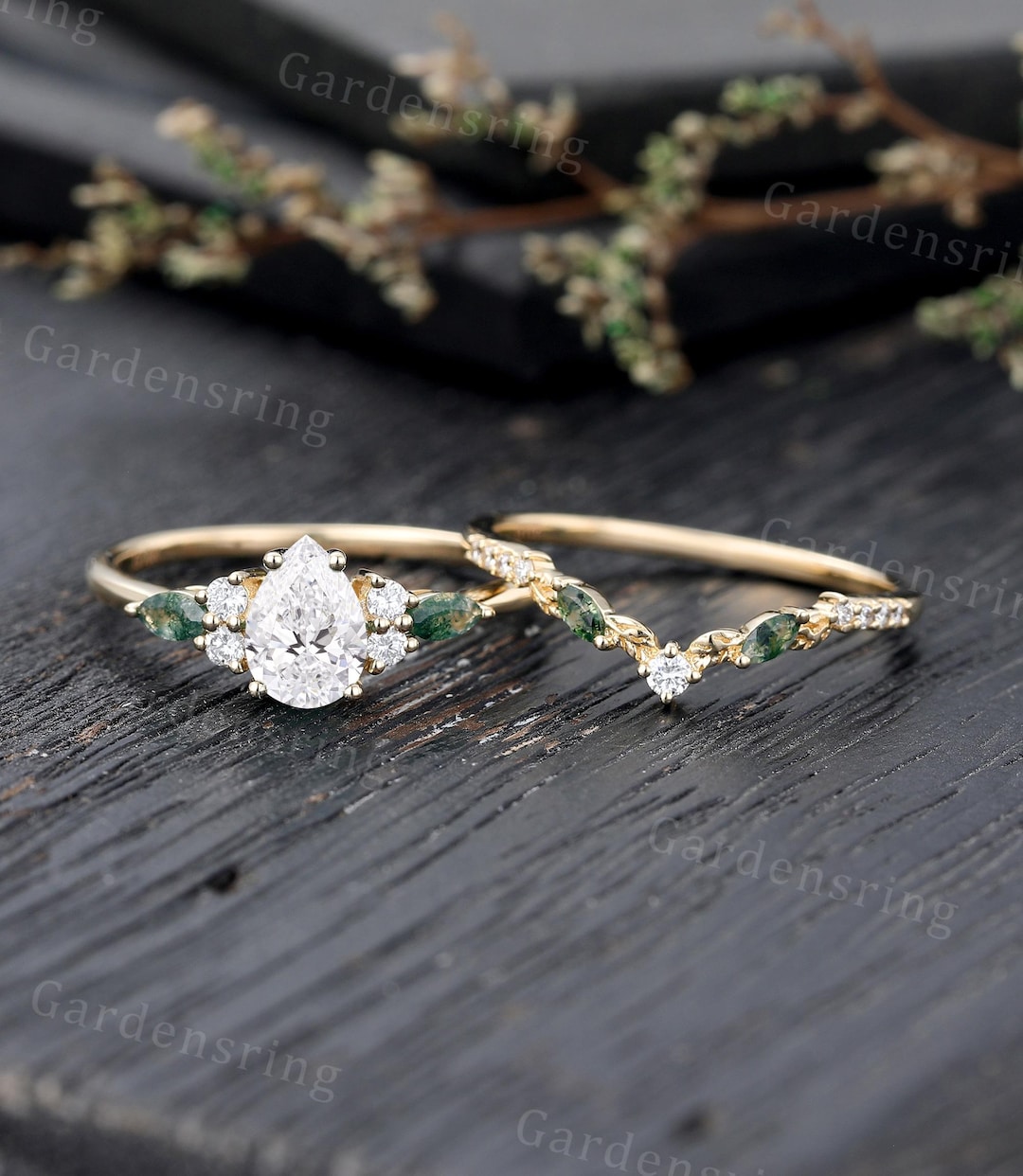 Pear Shaped Lab Grown Diamond Engagement Ring Set Vintage 14k Gold ...