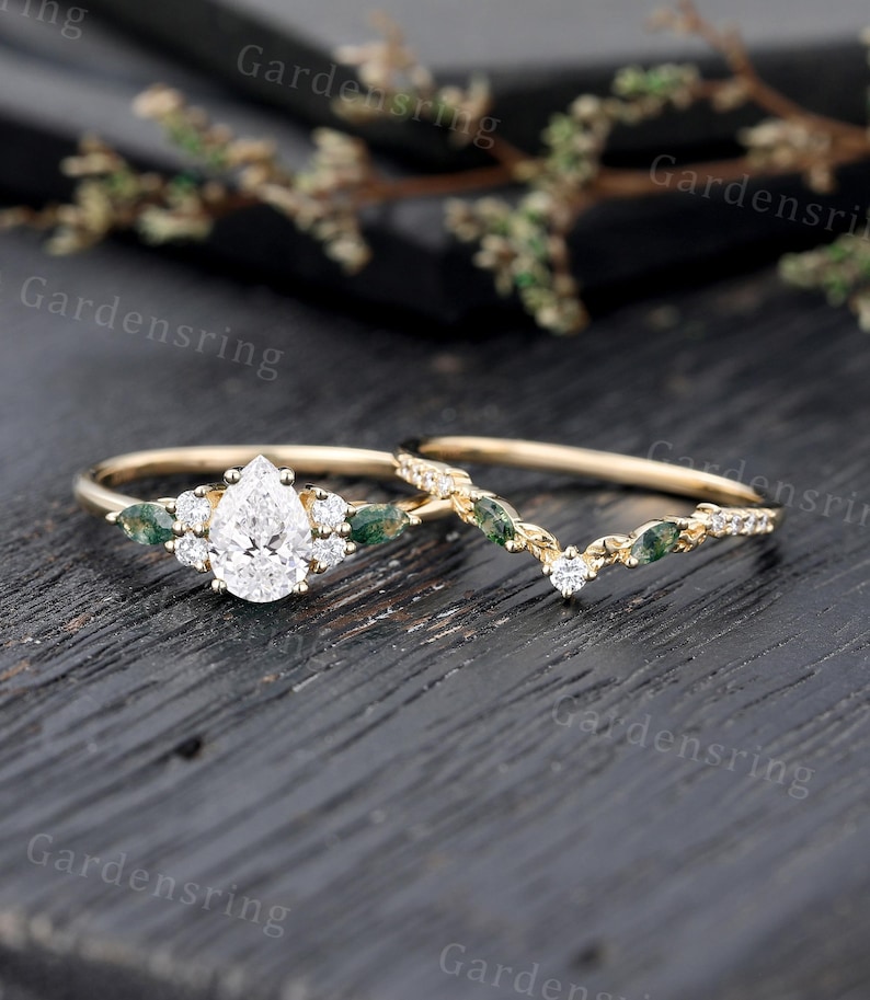 Pear Shaped Lab Grown Diamond Engagement Ring Set Vintage 14k Gold ...