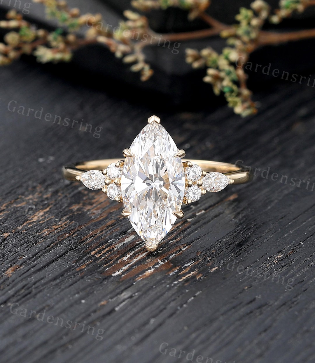Marquise Cut Lab Grown Diamond Engagement Ring Vintage Solid Gold ...
