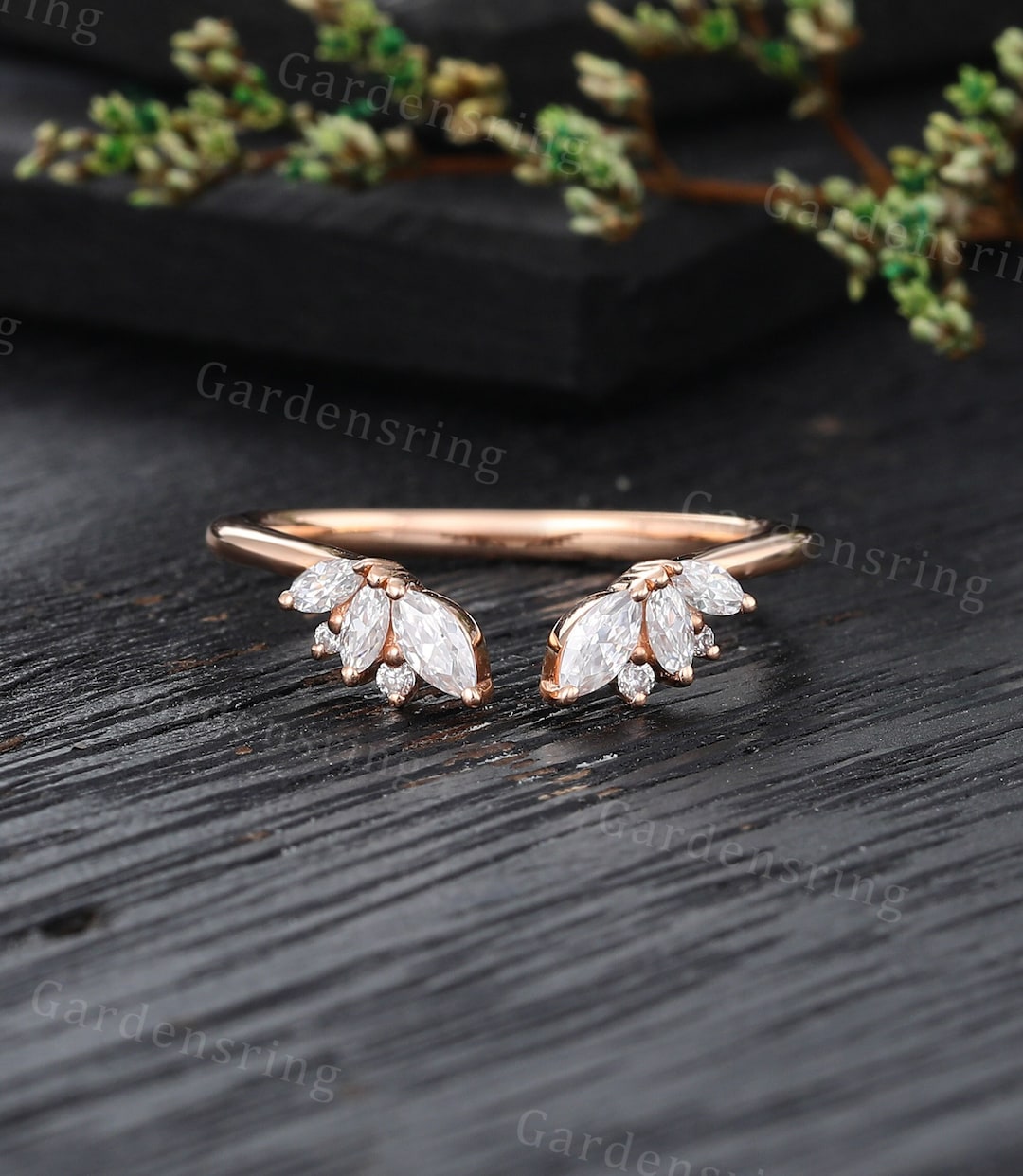 Marquise Cut Moissanite Wedding Band Vintage Rose Gold Curved Wedding ...