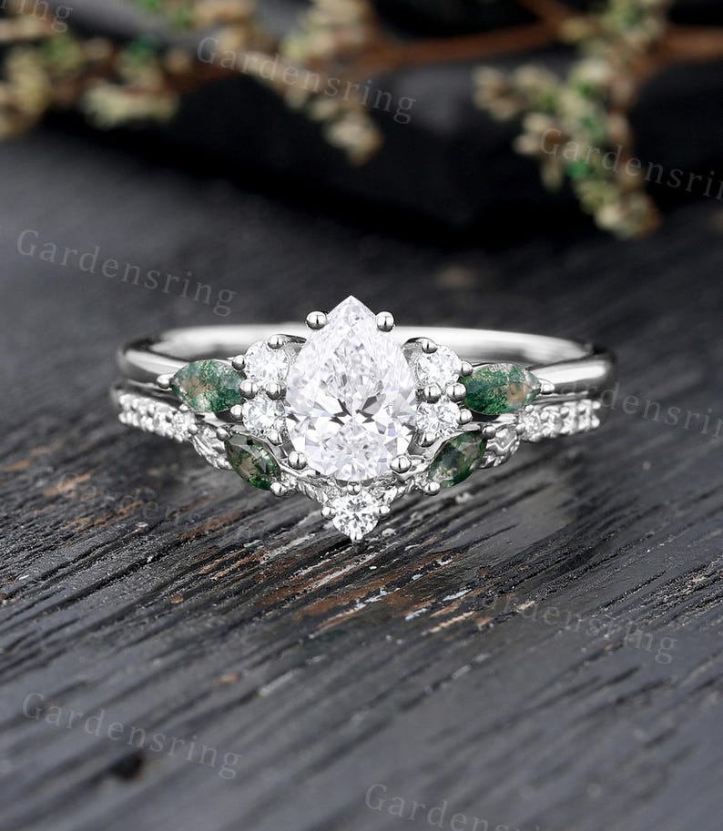 Pear Shaped Lab Grown Diamond Engagement Ring Set Vintage 14k Gold ...