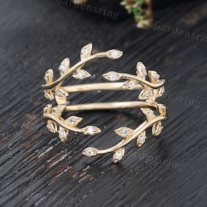 Moissanite wedding band Vintage 14k gold open wedding ring Diamond curved wedding band  enhancer band leaf matching band Anniversary gift