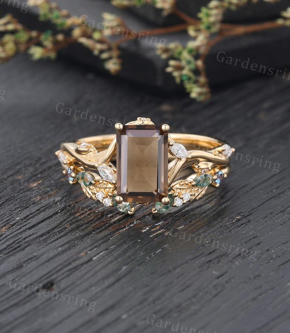 Emerald Cut Smoky Quartz Engagement Ring Set 14k Gold Vintage Moss