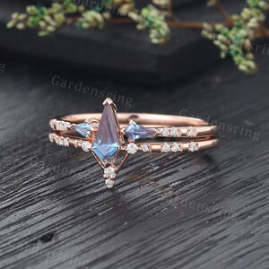 Kite cut Alexandrite engagement ring set Vintage Rose gold Micro pave set dainty Diamond Moissanite wedding ring Bridal Anniversary ring set image 4