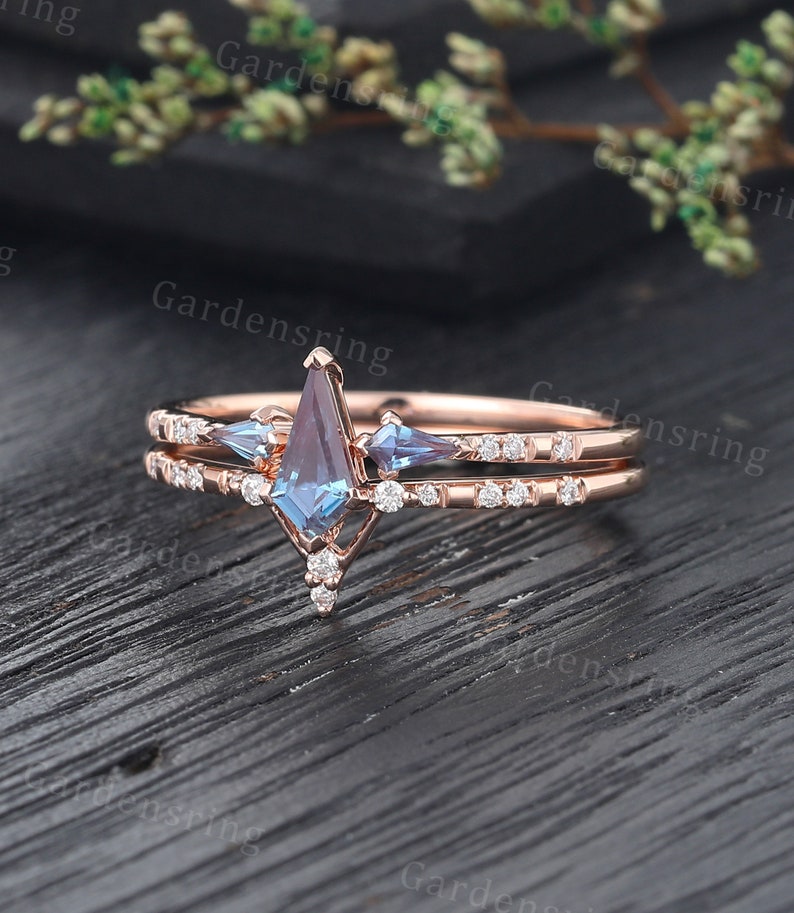 Kite cut Alexandrite engagement ring set Vintage Rose gold Micro pave set dainty Diamond Moissanite wedding ring Bridal Anniversary ring set image 4