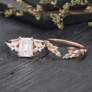 Emeral cut Moissanite Engagement ring set Vintage marquise cut moss agate wedding band Rose gold Cluster Unique Bridal set Anniversary gift