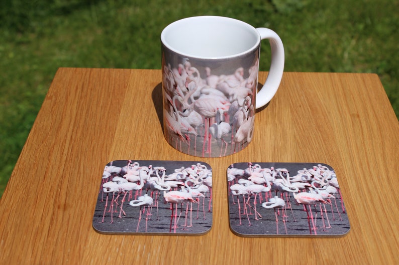 Flamingo dinnerware set including mug coaster and placemats. Etsy