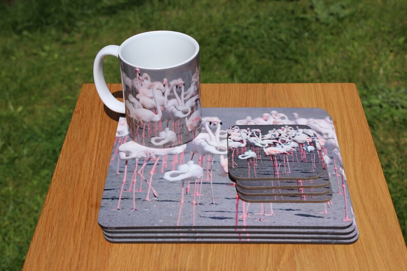 Flamingo dinnerware set including mug coaster and placemats. Etsy
