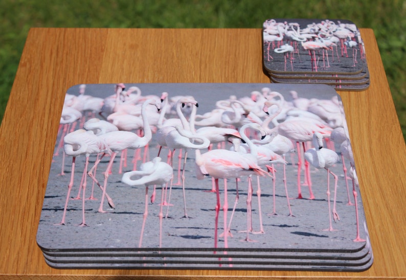 Flamingo dinnerware set including mug coaster and placemats. Etsy