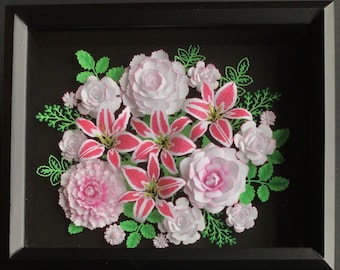 3D Paper Flower Shadow Box, Handmade Floral Wall Art