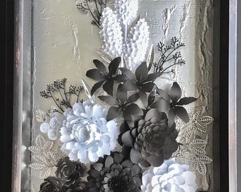 3D Paper Flower Shadow Box – Black & White Floral Wall Art