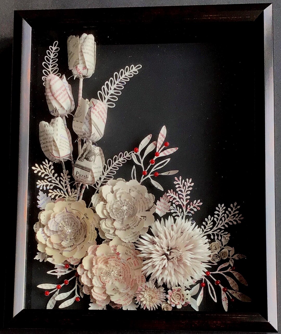 【美品】PaulSmith shadow flower arrangement Shadow Box Frame Wall Art Handcrafted Black Orchids Roses Silver