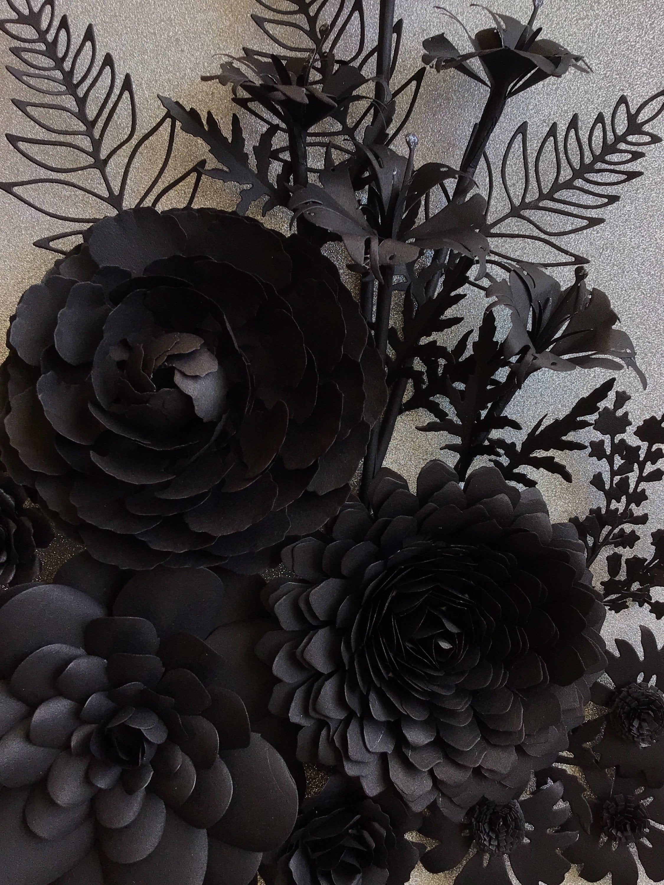 Black Rose Flower Arrangement Silver Glittery Background 3D Wall Art