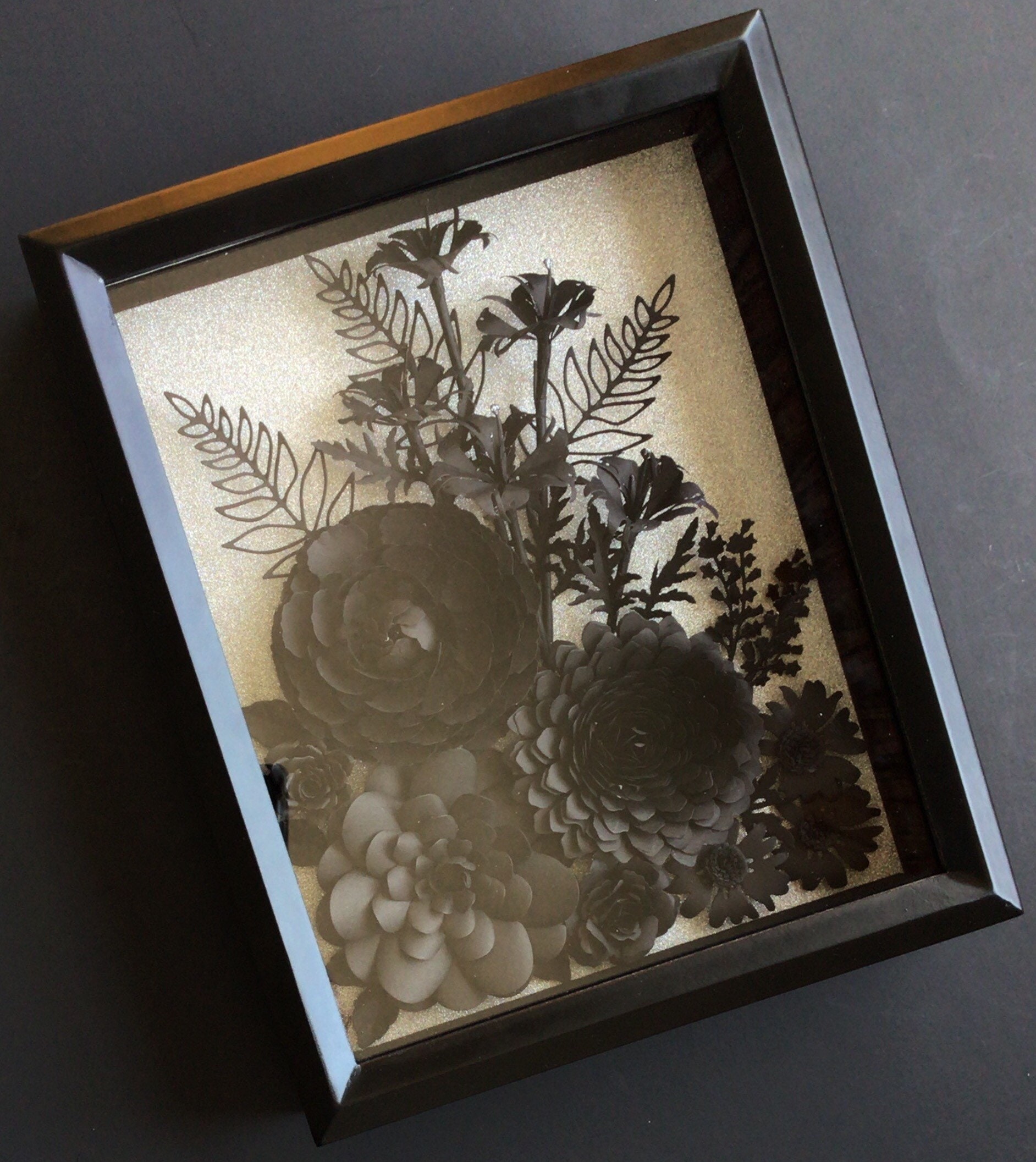 Black Rose Flower Arrangement Silver Glittery Background 3D Wall Art