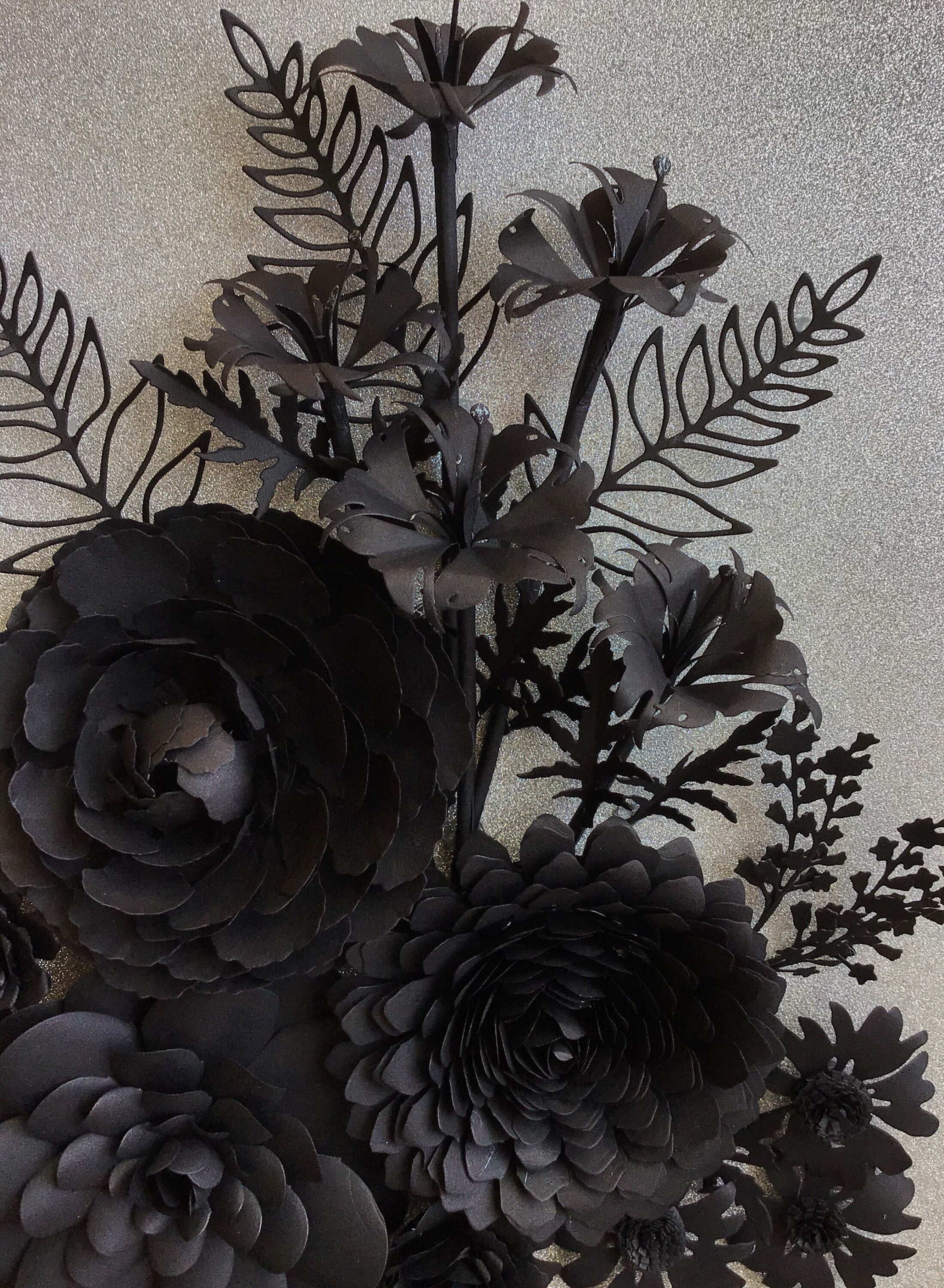 Black Rose Flower Arrangement Silver Glittery Background 3D Wall Art