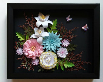 3D Paper Flower Shadow Box, Handmade Floral Wall Decor