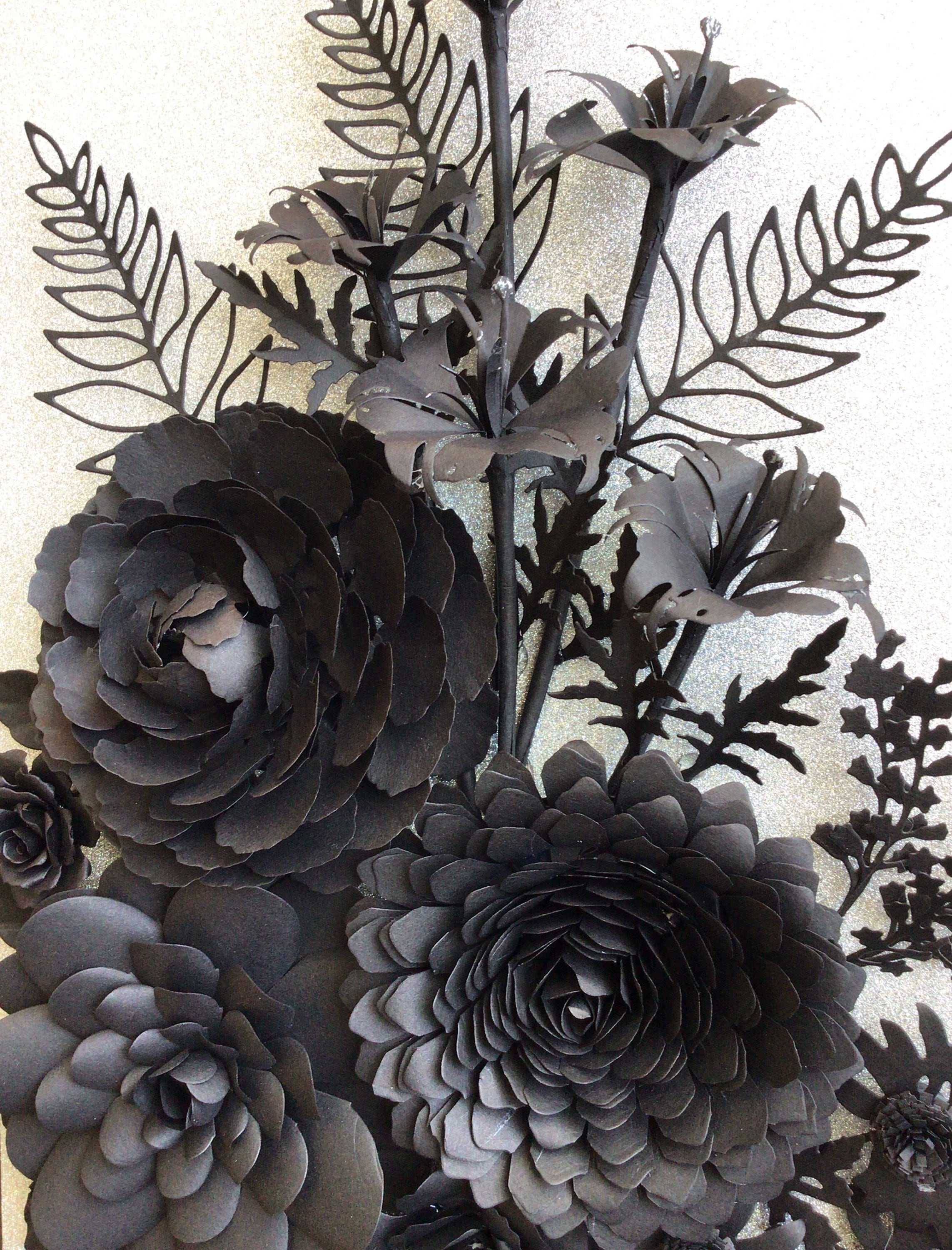 Black Rose Flower Arrangement Silver Glittery Background 3D Wall Art
