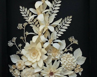 Handcrafted Cream Paper Flower Shadow Box Art, 3D Floral Wall Decor