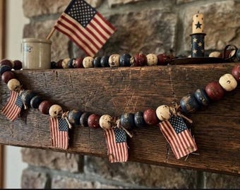 Hand-Painted Rustic Wood Bead Garland | Americana Flags, Tassels (Tiered Tray Decor)