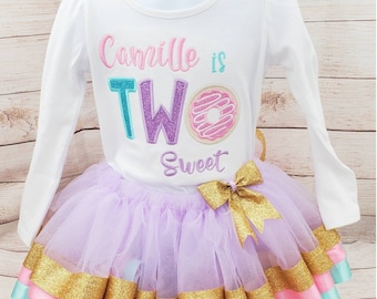Two Sweet Donut Birthday Outfit, Girls 2nd Birthday Outfit, Donut Birthday Shirt With Matching Tutu, Donut Tutu Outfit, Birthday Tutu