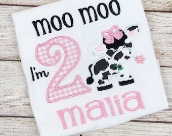 Moo Moo I'm Two Birthday Shirt, Girls 2nd Birthday Shirt, Personalized Birthday Shirt, Cow Birthday Tees, Girls Farm Shirt, Toddler Shirt
