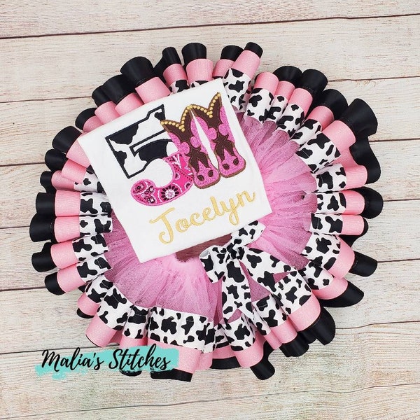 Cow Girl Birthday Outfit, Cow Girl Boots Birthday Outfit, Girls Birthday Shirt With Matching Tutu, Cow Print Tutu, Rodeo Birthday Outfit