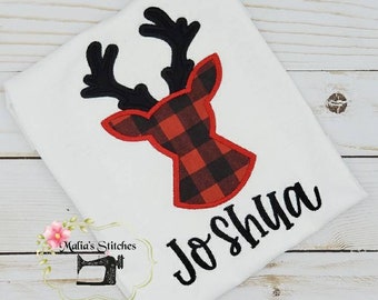 Boys Christmas Shirt, Reindeer Christmas Shirt, Boys Reindeer Shirt, Buffalo Plaid Christmas Shirt, Personalized Christmas Shirt