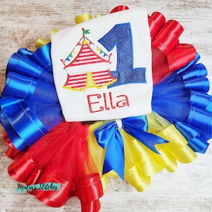 Girls Circus Birthday Outfit, Girls Carnival Birthday Outfit, Custom Birthday Outfit, Girls Embroidered Birthday Shirt, Ribbon Trim Tutu