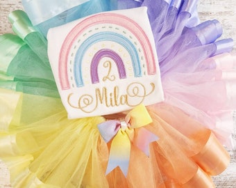 Pastel Rainbow Birthday Outfit, Girls 1st Birthday Outfit, Boho Rainbow Birthday Shirt With Matching Tutu, Rainbow Tutu Outfit, Pastel Tutu