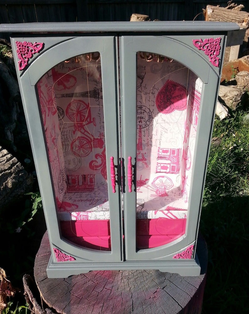 Hearts Eiffel Tower Bicycle Stamp Unique Gray and Pink Tall Jewelry box French style interior