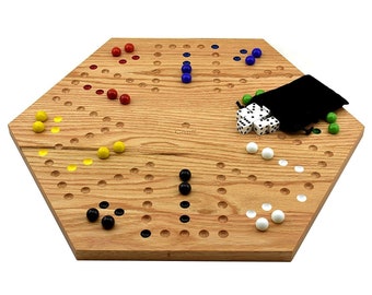 Solid Oak Double Sided  Marble Board Game with Hand Painted Holes