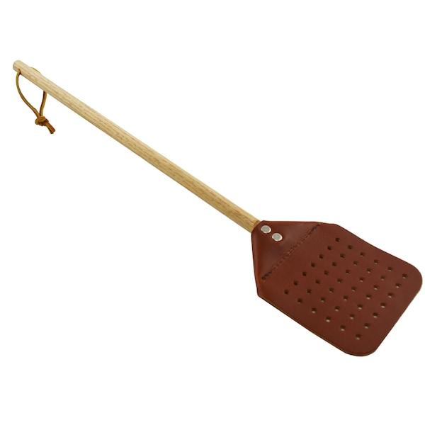 Heavy Duty Leather Fly Swatter with Oak Wooden Handle 18 inch