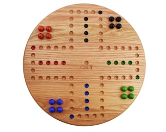 Marble Board Game Round Solid Oak Wood Hand Painted 4 Player