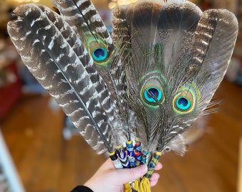 Smudge Feather with Beaded Buckskin Handle; Native Made by Cree Descendent